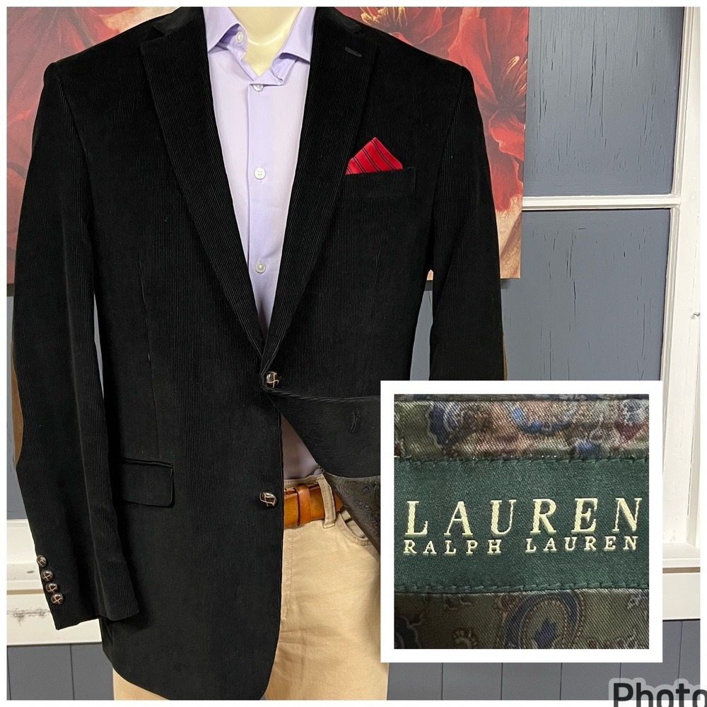 Lauren Ralph Lauren Corduroy Blazer Jacket Sport Coat Mens 42L Long Cotton Black